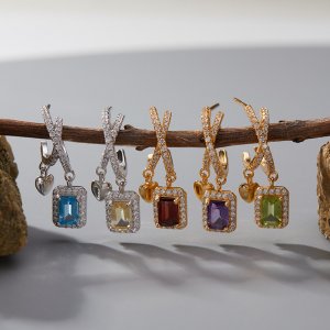 S925 Sterling Silver Natural Gemstone Cube Stud Earrings